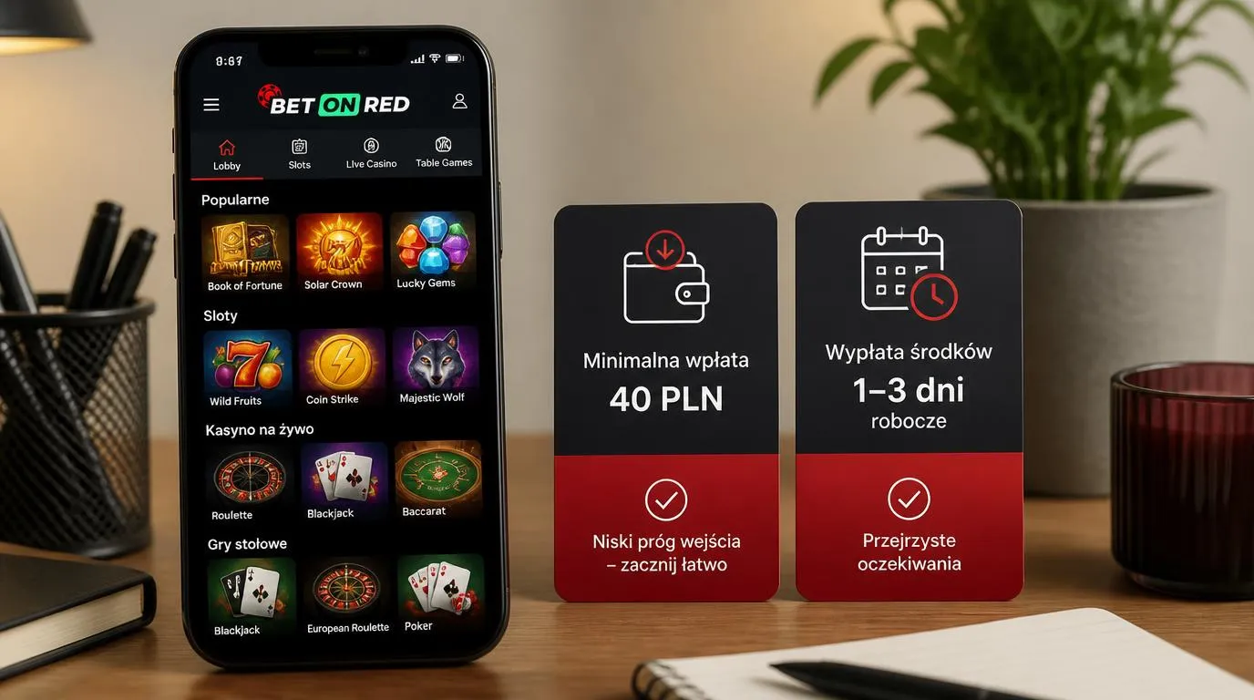 Telefon z widokiem gier kasynowych oraz informacją o depozycie 40 PLN i wypłacie w 1–3 dni robocze