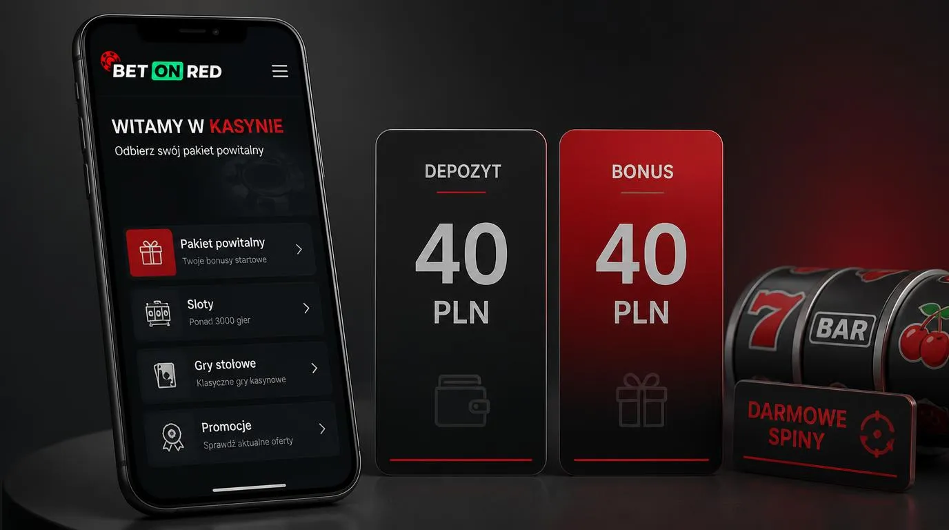 Ekran promocji kasyna z depozytem 40 PLN, premią 40 PLN i ikoną darmowych spinów