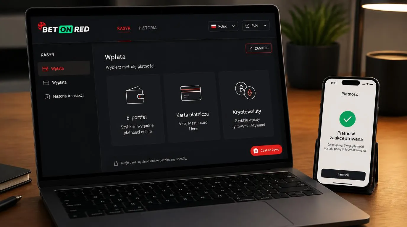 Ekran kasy z wyborem języka polskiego, waluty PLN i metod płatności
